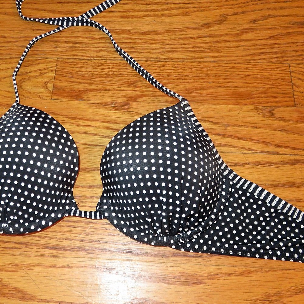Black Push-up Bikini Top with Polka Dots, M